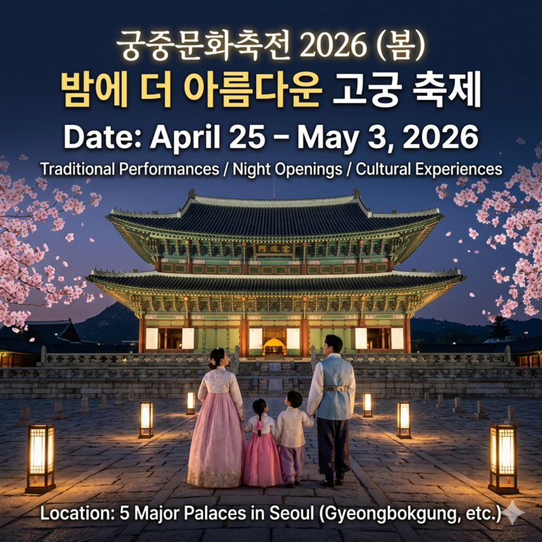 A vibrant thumbnail for the 2026 Korean Palace Cultural Festival in Seoul. The image features a traditional Korean palace illuminated at night with cherry blossoms and a family wearing Hanbok. Bold English text displays the confirmed dates "April 25 – May 3, 2026" and highlights "Traditional Performances, Night Openings, and Cultural Experiences." The bottom text specifies the location as "5 Major Palaces in Seoul (Gyeongbokgung, etc.)."