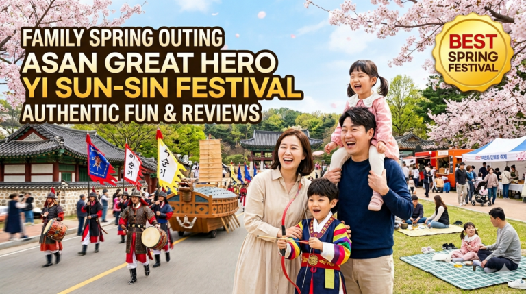 A happy family enjoying the Asan Great Hero Yi Sun-sin Festival in South Korea during spring, featuring a child in Hanbok holding a traditional bow, cherry blossoms, and a parade with a Turtle Ship in the background
