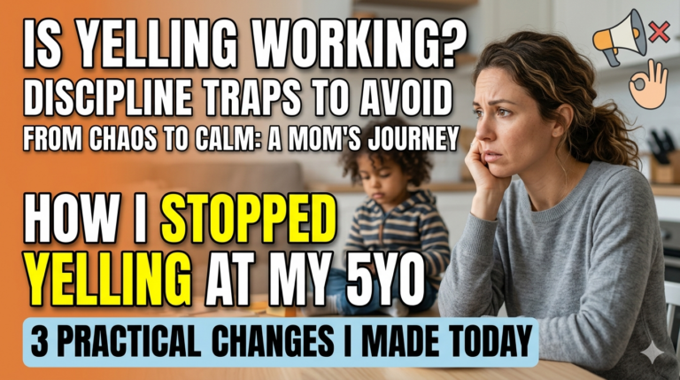 A YouTube thumbnail showing a worried mother with her 5-year-old child in the background. The text over the image reads, "Is Yelling Working? How I Stopped Yelling at my 5YO." Icons for a silent megaphone and an "OK" hand signal are present in the corner.