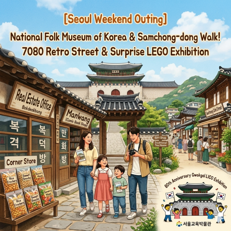 A warm, illustrated thumbnail showing a family of four—a mother, father, and two young children—walking through a traditional Korean retro street. To the left, there are vintage-style shops labeled "Real Estate Office" (Bokdeokbang) and "Comic Book Shop" (Manhwabang), with old-fashioned transparent snack bags on display. In the background, a grand traditional palace gate stands under a bright blue sky. Text overlays read: "[Seoul Weekend Outing] National Folk Museum of Korea & Samcheong-dong Walk! 7080 Retro Street & Surprise LEGO Exhibition.