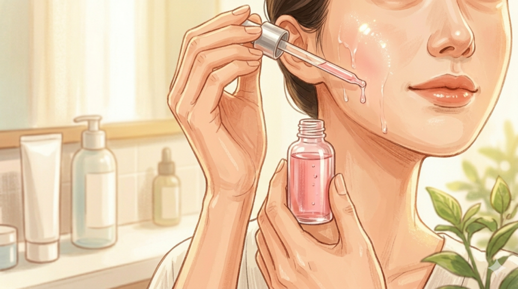 A focused illustration in the warm style of image_4.png showing the Korean woman’s hands from image_4.png applying a few drops of pink-hued PDRN ampoule directly to her cheek. The droplets create an immediate radiant "glass skin" effect, emphasizing elasticity and skin repair. Soft vanity background with minimal bottles.