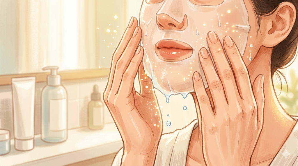 A close-up illustration of the Korean woman’s hands from image_4.png applying a moisturizing sheet mask. Her skin is softly glowing as it absorbs the hydration, emphasizing a quick skincare routine for tired moms. Soft, warm bathroom background.