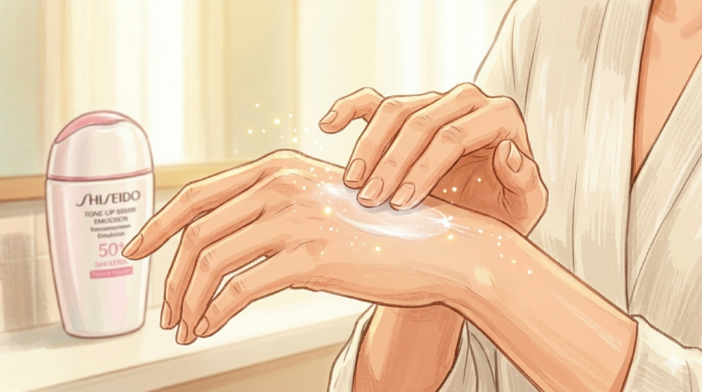 A close-up illustration in the warm style of image_4.png focusing on the Korean woman’s hands from image_4.png applying a lightweight white tone-up sunscreen onto her forearm, creating a soft glowing protection. Her wrist has the green backpack strap from image_4.png, connecting the two moments. Soft sunlit vanity background.