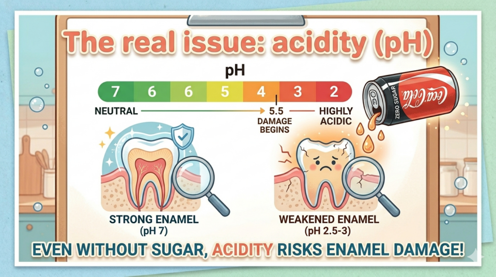 An educational infographic detailing the acidity issue. A horizontal pH scale gradient shows the 'ENAMEL DAMAGE BEGINS' threshold at pH 5.5 and 'ZERO COLA' in the critical pH 2.5-3 zone. Two magnified tooth cross-sections contrast 'STRONG ENAMEL (pH 7)' with 'WEAKENED ENAMEL (pH 2.5-3)'