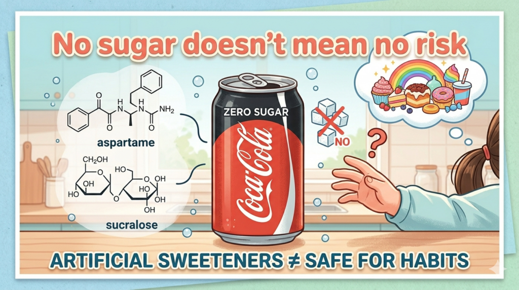 An illustrative comparison of a Zero Sugar soda can next to simplified chemical structures of aspartame and sucralose. A child's hand reaches for the can, with a thought bubble above showing sweet treats, visualizing the early preference habit risk. The text 'ARTIFICIAL SWEETENERS ≠ SAFE FOR HABITS' is included.