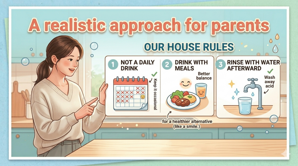 An infographic illustrating three 'OUR HOUSE RULES' checklist panels for healthy drink habits, consistent with the mother and daughter characters. Numbered panels show 'NOT A DAILY DRINK' (crossed-out calendar), 'DRINK WITH MEALS' (healthy food and drink), and 'RINSE WITH WATER AFTERWARD' (water tap and glass).