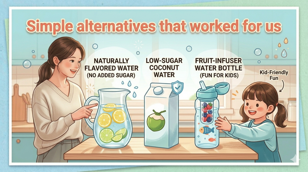 An illustrative comparison of three healthier drink alternatives on a kitchen counter, featuring the mother and daughter. The labelled bottles are 'NATURALLY FLAVORED WATER (NO ADDED SUGAR)', 'LOW-SUGAR COCONUT WATER', and 'FRUIT-INFUSER WATER BOTTLE (FUN FOR KIDS)'.