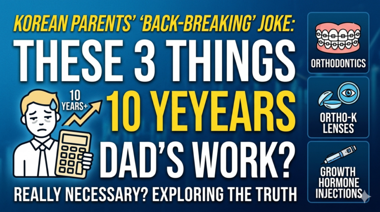A thumbnail titled 'KOREAN PARENTS' BACK-BREAKING JOKE'. The main text asks, 'THESE 3 THINGS = 10 YEARS DAD'S WORK?'. On the left, an illustration of a tired father holding a calculator. On the right, icons representing Orthodontics, Ortho-K Lenses, and Growth Hormone Injections. The bottom caption reads, 'REALLY NECESSARY? EXPLORING THE TRUTH'.