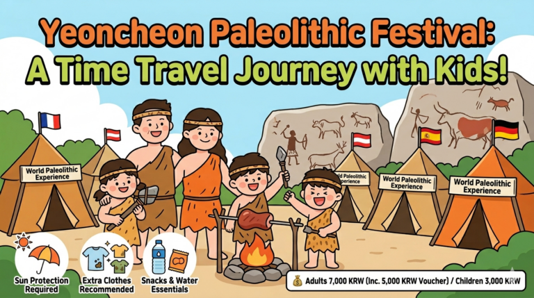 A cheerful illustration for the Yeoncheon Paleolithic Festival featuring a happy family in prehistoric costumes. They are grilling meat over a campfire, surrounded by global experience tents and cave paintings.