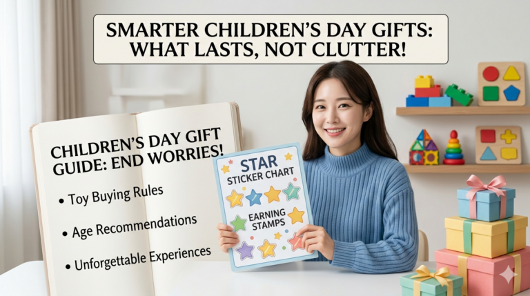 A helpful blog thumbnail illustration with a cozy, hand-drawn look. It features a smiling mother in a blue sweater, sitting at a wooden desk filled with toys and gift boxes. She holds a 'Sticker Board' for earning stamps. Next to her is a large notebook titled 'Children's Day Gift Guide: End Worries!' with bullet points covering Toy Buying Rules, Age Recommendations, and Unforgettable Experiences. A banner at the top reads: 'Smarter Children's Day Gifts: What Lasts, Not Clutter!'. The style uses soft pastel colors and clear, integrated English text.