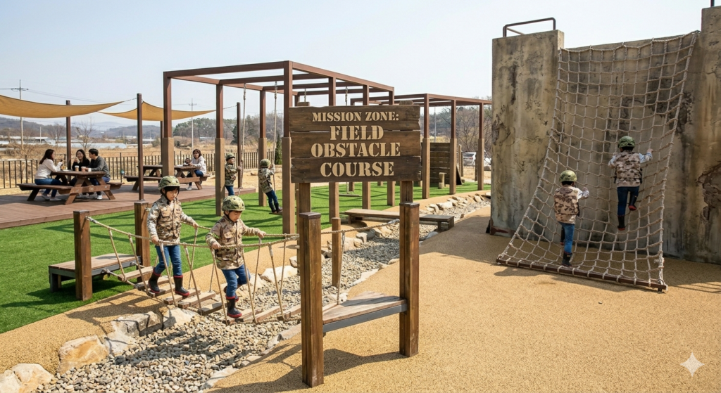 Kids tackling an outdoor military-style obstacle course with ropes and climbing walls