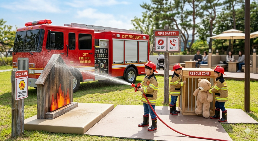 Children in firefighter uniforms practicing fire safety with a mini fire truck in an outdoor play zone.