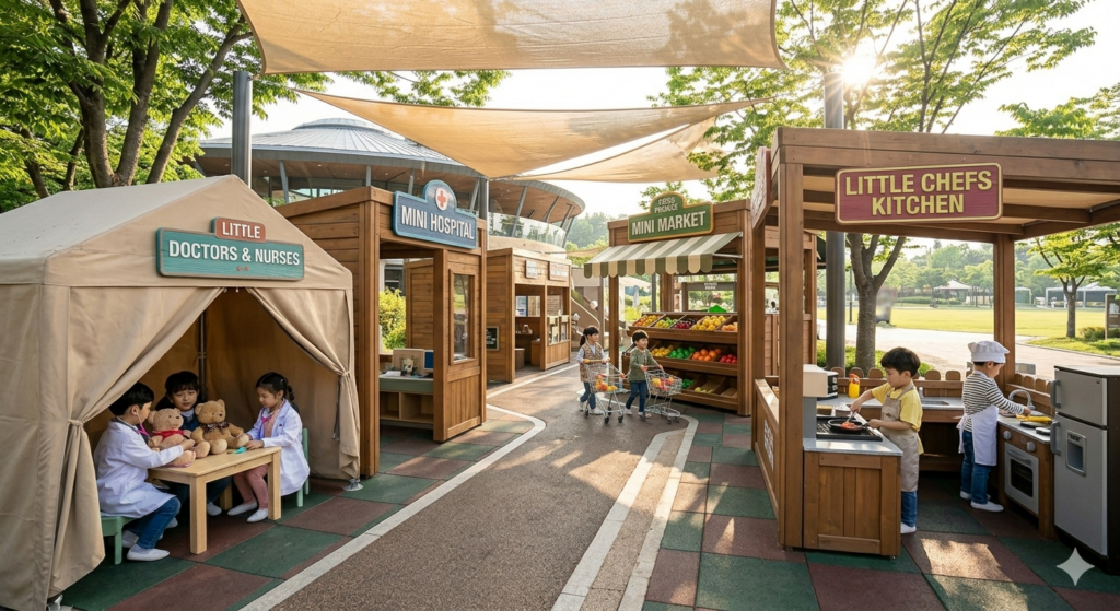 An outdoor mini-city featuring role-play stations like a hospital, market, and kitchen for kids.