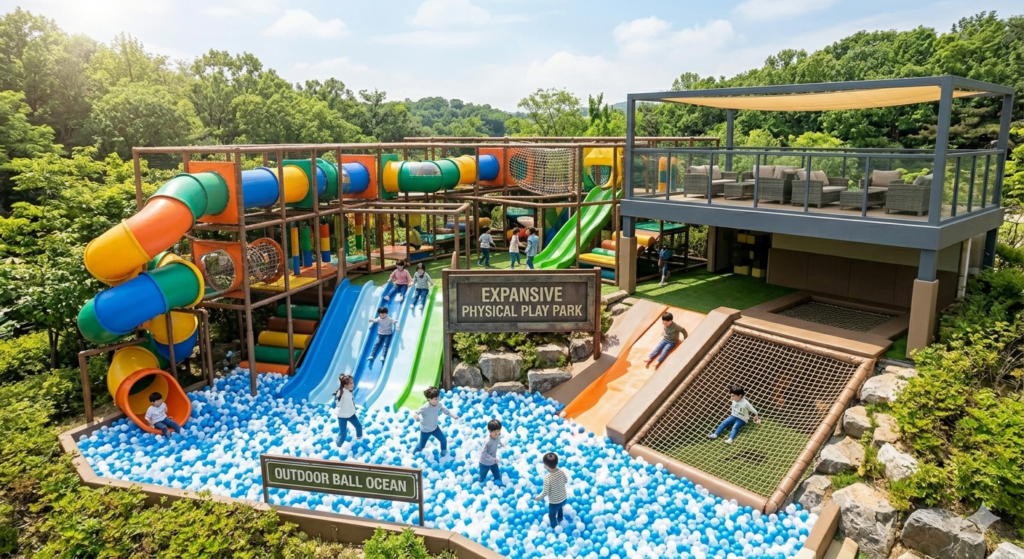 A large-scale outdoor physical play park with massive slides, jungle gyms, and a ball pit.