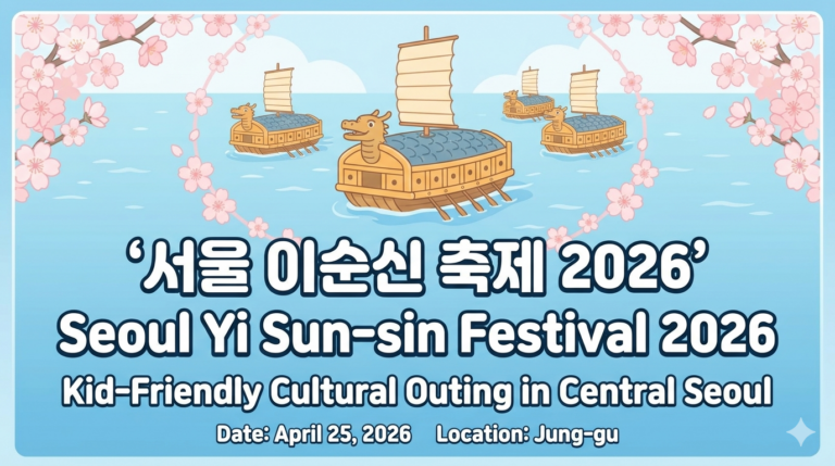 A family-friendly illustrated thumbnail for the "Seoul Yi Sun-sin Festival 2026." It features a friendly Korean Turtle Ship with cherry blossoms under a blue sky. The bold white text reads "Seoul Yi Sun-sin Festival 2026" with the subtitle "Kid-Friendly Cultural Outing in Central Seoul." The bottom includes details: "Date: April 25, 2026" and "Location: Jung-gu."