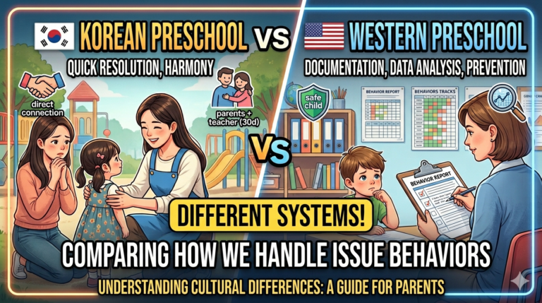 A split graphic comparing Korean and Western preschool behavioral approaches. The Korean side on the left, with the slogan "QUICK RESOLUTION, HARMONY," shows a teacher comforting a mother and child, with a "direct connection" handshake icon. The Western side on the right, with the slogan "DOCUMENTATION, DATA ANALYSIS, PREVENTION," depicts a teacher filling out a "BEHAVIOR REPORT" while analyzing data, with a "safe child" shield and "Behavior Tracks" chart. In the center, a text block reads, "DIFFERENT SYSTEMS! COMPARING HOW WE HANDLE ISSUE BEHAVIORS," and below it, "UNDERSTANDING CULTURAL DIFFERENCES: A GUIDE FOR PARENTS."