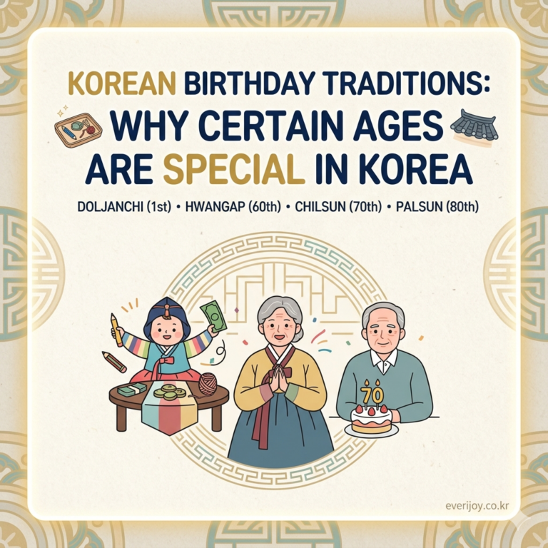 **"An illustration showing traditional Korean milestone birthday celebrations, including a baby's first birthday (Doljanchi) and elders celebrating their 60th and 70th birthdays."**