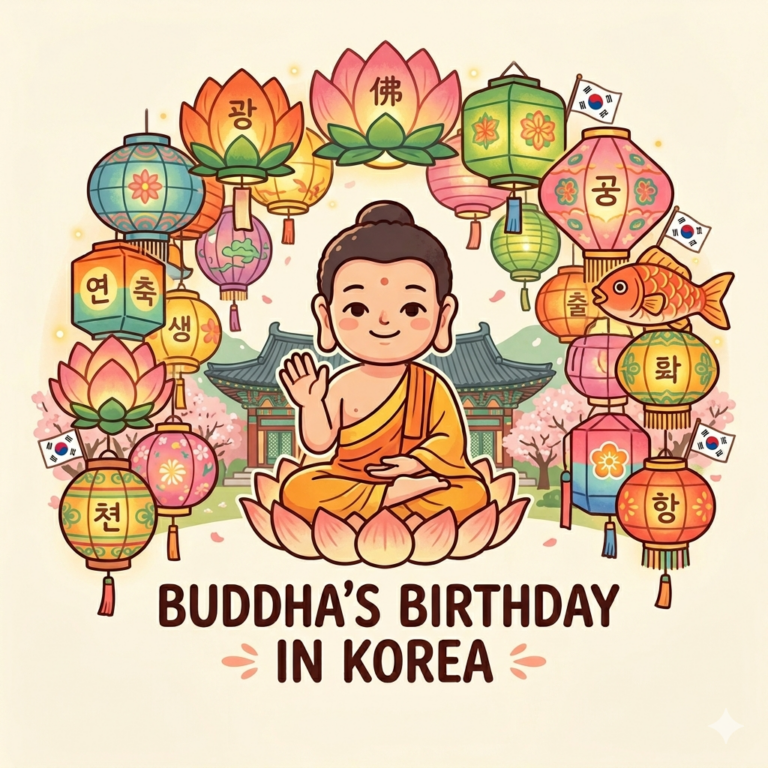 Square thumbnail for an article about Buddha's Birthday in South Korea, decorated with colorful lotus lanterns, Korean flags, and the English title "BUDDHA'S BIRTHDAY IN KOREA".