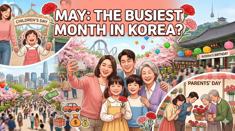 "A vibrant collage illustration titled 'MAY: THE BUSIEST MONTH IN KOREA?' featuring various Korean family traditions. It shows a happy multi-generational family taking a selfie with cherry blossoms and a roller coaster in the background. Smaller scenes include a child at an amusement park for Children's Day, a Buddhist temple decorated with colorful lanterns for Buddha's Birthday, and adult children gifting carnations to their elderly parents for Parents' Day. Cultural symbols like carnations, gift boxes, and money pouches are scattered throughout to represent the busy and festive atmosphere."