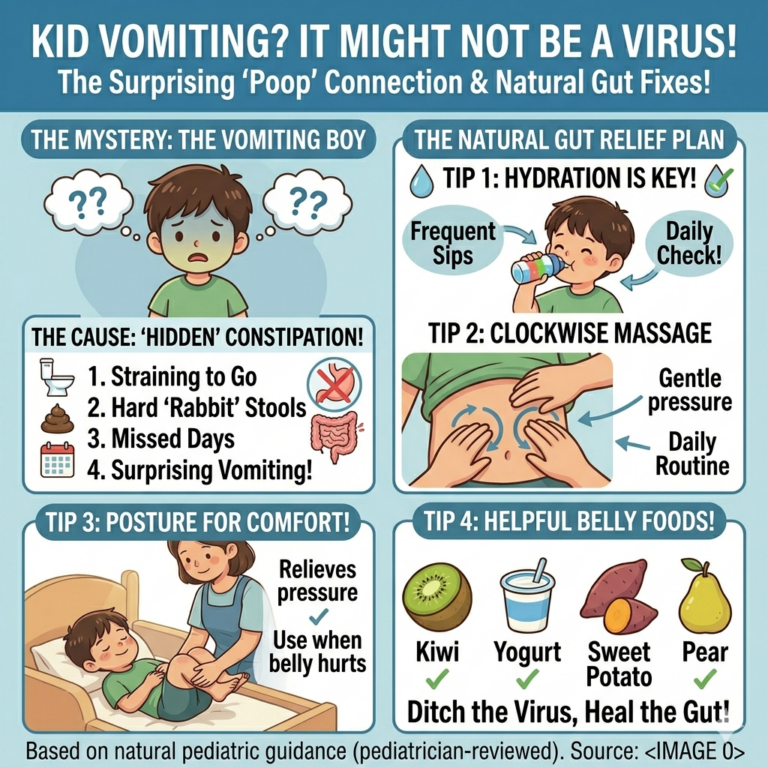 A multi-panel illustrated infographic for parents explains the hidden connection between a child's vomiting and constipation, offering natural gut-healing fixes.