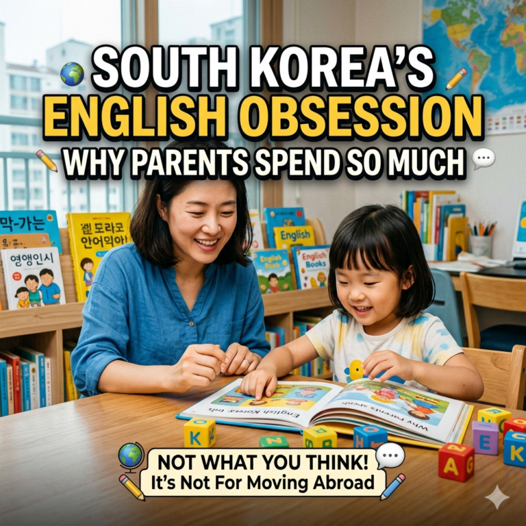 South Korea English education obsession thumbnail featuring a Korean mother and child reading an English book together at home.