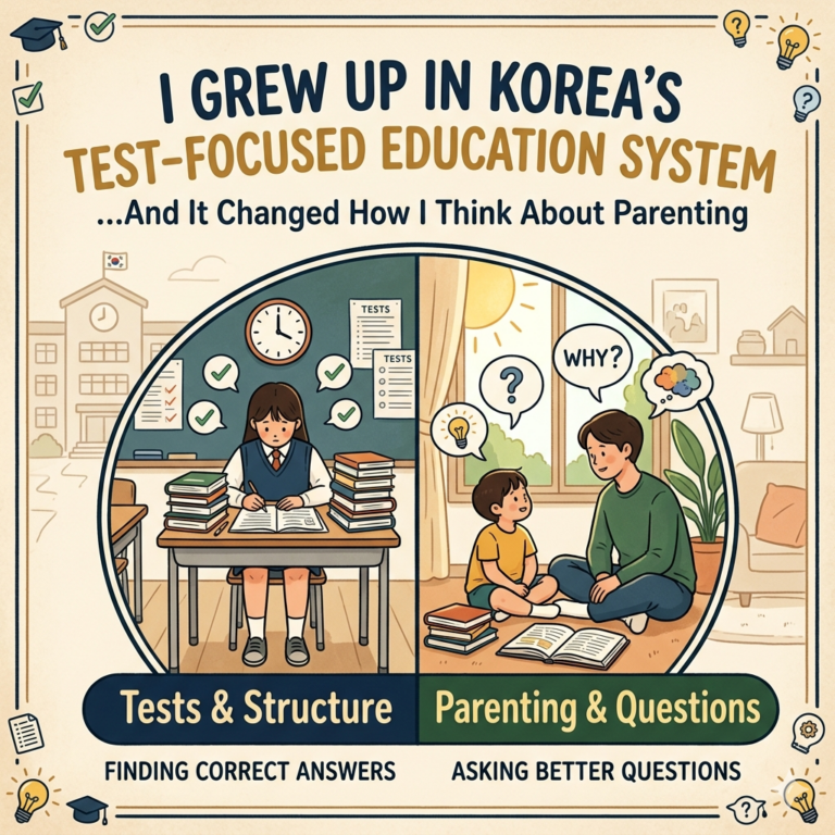 featuring the text 'From Correct Answers to Better Questions: How My Korean Education Shaped My Parenting'.
