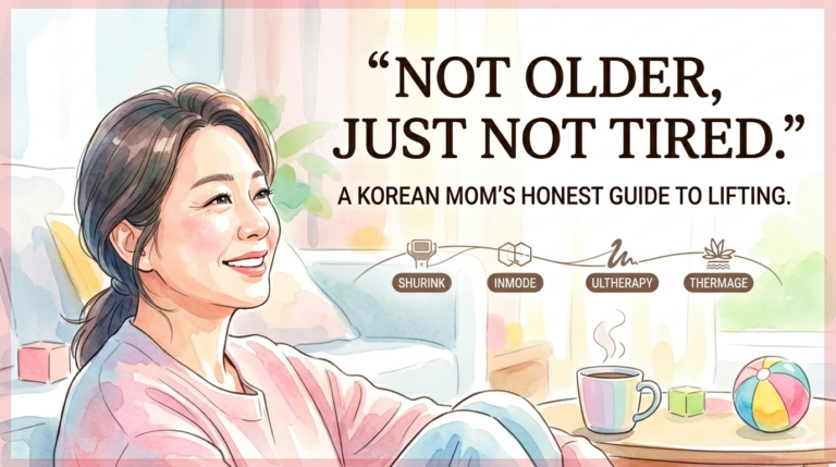 A bright watercolor illustration of a smiling Korean woman in a cozy living room, featuring the text "Not Older, Just Not Tired" and icons for Shurink, InMode, Ultherapy, and Thermage.
