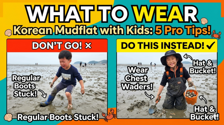 A side-by-side comparison thumbnail showing the wrong way vs. the right way to dress kids for a Korean mudflat experience, featuring a child stuck in regular rain boots next to a child happily playing in chest waders.
