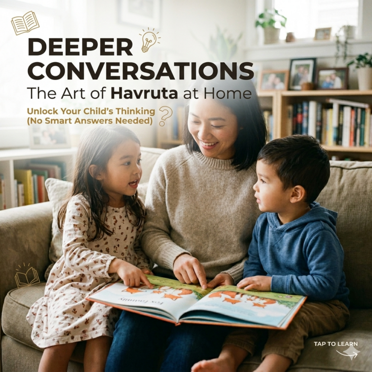 An Asian mother sitting on a cozy living room sofa, reading a picture book and having a deep conversation with her young son and daughter. The image features overlay text that reads "DEEPER CONVERSATIONS: The Art of Havruta at Home," with a "TAP TO LEARN" button in the corner.