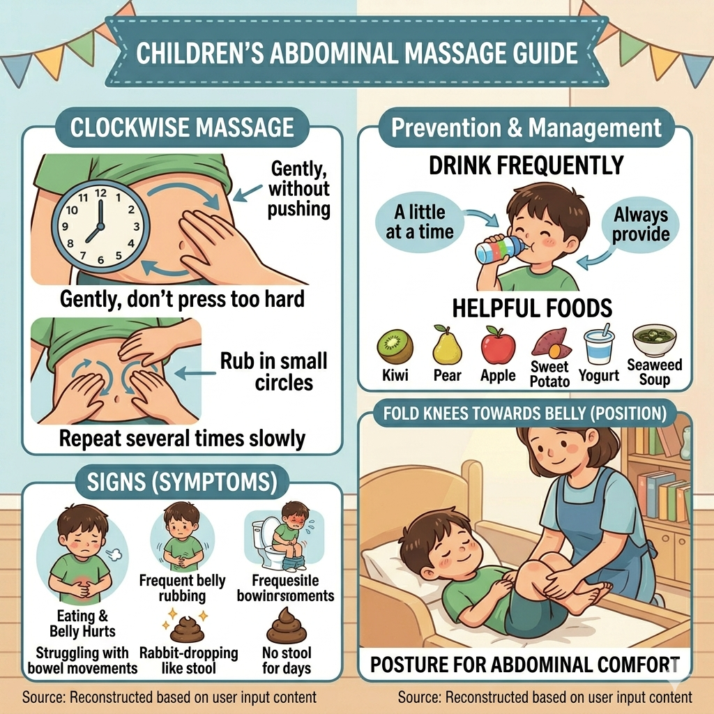 An educational infographic illustration showing common symptoms of childhood constipation alongside relief and prevention methods, including clockwise abdominal massage techniques, increasing fluid intake, a knee-to-chest relief posture, and helpful foods like kiwi and yogurt.