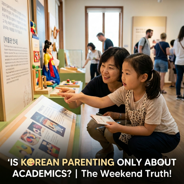 A Korean mother and her young daughter smiling warmly while exploring an interactive exhibit together inside a vibrant children's museum.