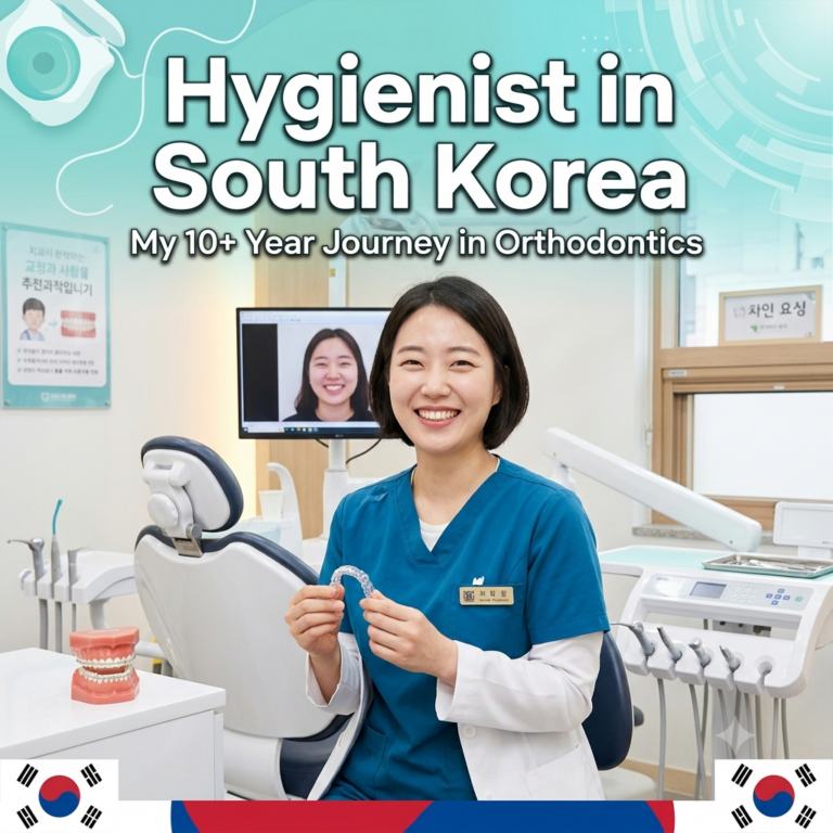 A square thumbnail featuring a smiling female dental hygienist in a blue scrub and white coat sitting in a modern Korean dental clinic, holding a clear orthodontic aligner, with the English text 'Hygienist in South Korea' and South Korean flags at the bottom.