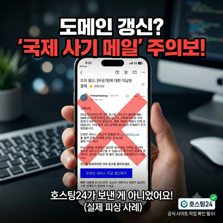 PrimeHosting이라는 발송처로부터 온 도메인 미납 결제 및 만료 안내 가짜 스팸 메일 화면 캡처. 달러 결제와 도메인 서비스 지금 갱신하기 버튼을 유도하는 피싱 메일의 예시 화면.