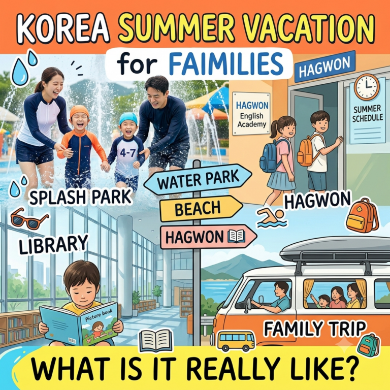 Illustrative collage showing Korean families enjoying splash parks, going to hagwons (private academies), reading at the library, and taking a family trip.