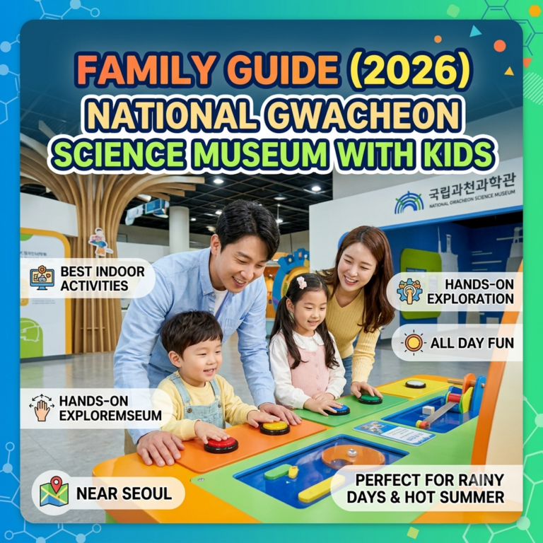 A square thumbnail image with the bold headline "FAMILY GUIDE (2026) NATIONAL GWACHEON SCIENCE MUSEUM WITH KIDS". The photo features a happy family—a mother, father, and two preschool-aged children—smiling and interacting with a colorful, hands-on science exhibit inside the museum. In the background, the official Korean and English logo for the National Gwacheon Science Museum is visible. The image includes clean informational badges with icons that read: "BEST INDOOR ACTIVITIES", "HANDS-ON EXPLORATION", "ALL DAY FUN", "NEAR SEOUL", and "PERFECT FOR RAINY DAYS & HOT SUMMER".