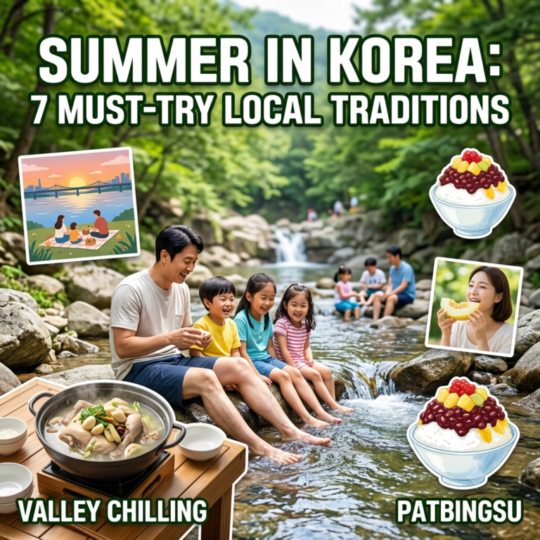 A Korean family sitting together on smooth rocks with their feet dipped in a clear mountain stream, surrounded by lush green summer trees. In the foreground, a steaming pot of Baeksuk (Korean chicken soup) sits on a wooden table, alongside bowls of Patbingsu (shaved ice). Bold white text at the top reads 'SUMMER IN KOREA: 7 MUST-TRY LOCAL TRADITIONS'.