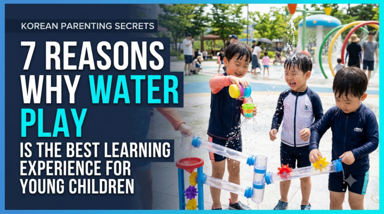Three young Korean children laughing and playing with an interactive water pipe toy at an outdoor summer splash pad park, featuring text that reads "7 Reasons Why Water Play Is The Best Learning Experience For Young Children".