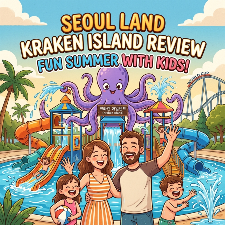 A cheerful cartoon of a family—father, mother, and two children—smiling and waving in front of the colourful Kraken Island water play area at Seoul Land. Text above reads "SEOUL LAND KRAKEN ISLAND" and "FUN SUMMER FAMILY EXPERIENCE!". Korean text below the kraken's head reads "크라켄 아일랜드".