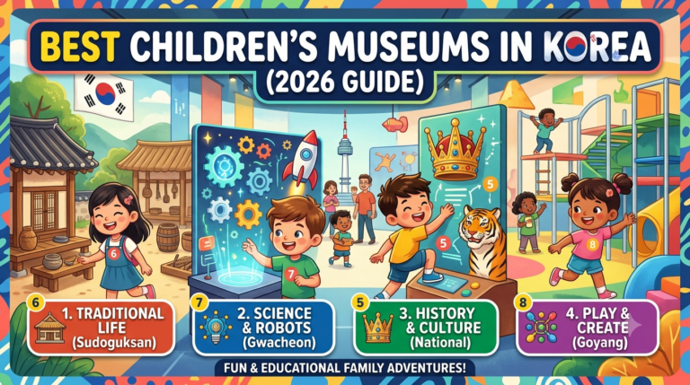 A brightly colored YouTube thumbnail for a "Best Children's Museums in Korea (2026 Guide)". The top features the title in a bold blue banner. Below, the screen is divided into four illustrated sections showing diverse children exploring interactive exhibits. From left to right: a traditional Korean village with Hanok houses (labeled "1. Traditional Life"); a science lab with gears and a rocket (labeled "2. Science & Robots"); a culture exhibit with a tiger and ancient crown (labeled "3. History & Culture"); and a playground-style museum with a jungle gym (labeled "4. Play & Create"). At the very bottom, a banner says, "FUN & EDUCATIONAL FAMILY ADVENTURES!". The background includes the Seoul Tower.