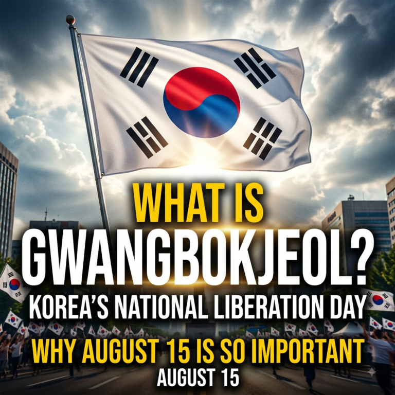 Square thumbnail featuring the South Korean flag waving against a bright sky, with bold yellow and white text reading 'WHAT IS GWANGBOKJEOL? KOREA'S NATIONAL LIBERATION DAY'.