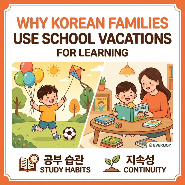 A square illustration titled 'Why Korean Families Use School Vacations for Learning' depicting a split scene of a child playing outside and reading with a parent indoors, representing study habits and continuity.