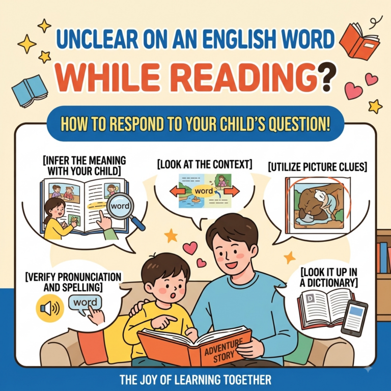 An infographic of a parent and child reading an English book together, showing 5 tips on what to do when encountering an unknown word while reading.