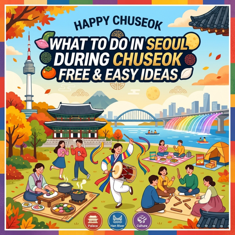 colorful square banner featuring Korean traditional holiday activities in Seoul during Chuseok, including Hanok villages, Han River picnics, traditional games, and food.